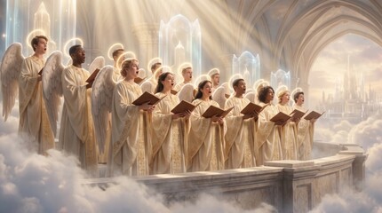 Fototapeta premium Choir of angels singing in heavenly paradise. Men and women with wings and halos holding books in celestial temple with sunlight and clouds. Religion, faith and christmas celebration concept