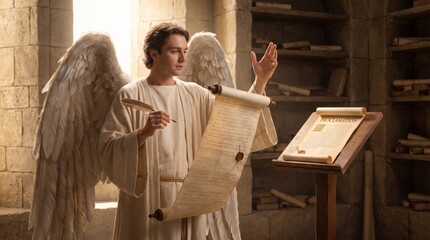 Fototapeta premium Angel with white wings writing on ancient scroll with feather quill in old stone library. Archangel holding proclamation parchment