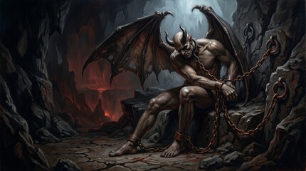 Fototapeta premium Demon chained in dark cave of hell. Fallen angel with horns and wings sitting on rock in flames. Religious concept of sin, temptation and punishment. Gothic fantasy art for horror design