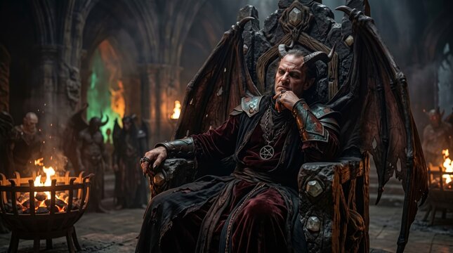 Man dressed as demon sitting on stone throne in dark gothic castle hall. Devil with horns and wings in mystical underground lair. Occult horror fantasy concept for religion and halloween themes