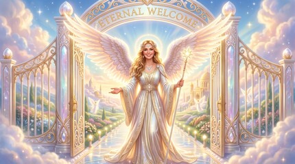 Fototapeta premium Gracious angelic figure with golden wings standing before the radiant gates of heaven. Ethereal paradise with celestial welcome arch and blooming gardens