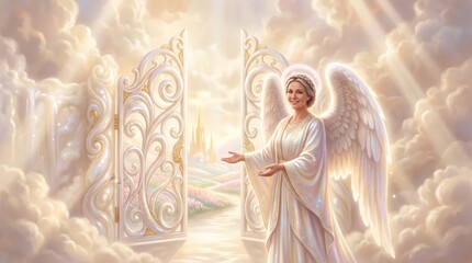 Fototapeta premium Woman angel with white wings opening pearly gates of heaven. Smiling angelic figure welcoming soul to paradise. Heavenly kingdom with light rays and