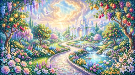 Fototapeta premium Heavenly garden of Eden with flowering trees fruit and white temple. Paradise landscape with river bridge doves and shining light. Biblical concept of heaven afterlife and divine