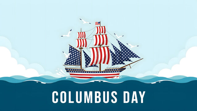 Columbus day of a large sailing ship with american flag patterned sails, floating on blue ocean waves under a light blue sky