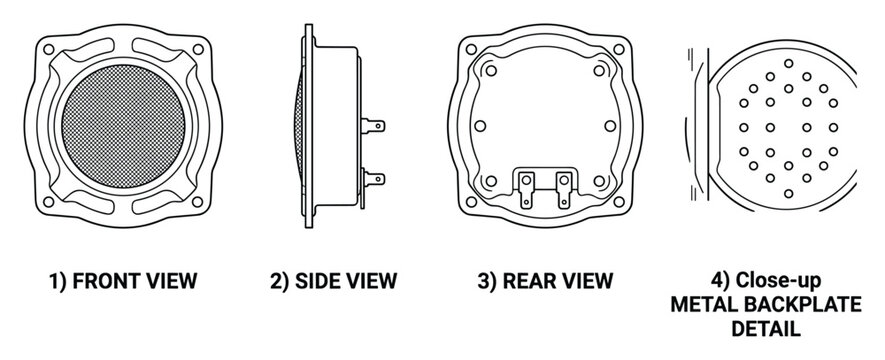 Speaker front side rear views and backplate detail illustration for audio equipment and sound systems.