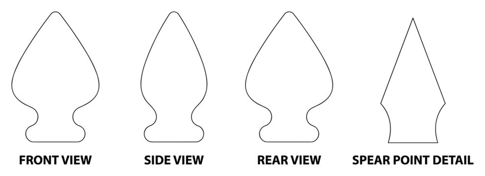 Spear head arrowhead design in various views for hunting or historical artifact.