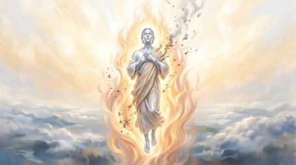 Fototapeta premium Jesus Christ figure in glowing flames ascending above the clouds. Divine resurrection and spiritual ascension concept. Christian faith, religion and catholic art for Easter and church design.