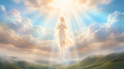 Fototapeta premium Woman ascending to heaven in white robe surrounded by divine light rays and glowing clouds. Spiritual resurrection and miracle of faith