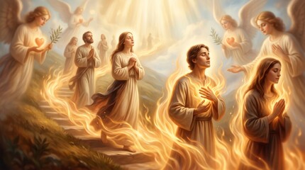 Fototapeta premium Souls ascending to heaven surrounded by holy fire and light. Angels praying over people in spiritual scene. Faith, purgatory and divine love concept for catholic religion and christian illustration.