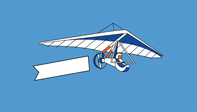 Motorized hang glider flying through a clear blue sky, towing a long blank white banner for advertisement.
