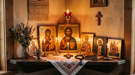 Fototapeta premium Home altar with orthodox icons of Jesus Christ, Virgin Mary and saints, burning candles, cross, bible and rosary. Prayer corner in traditional house. Faith, religion and christian devotion concept