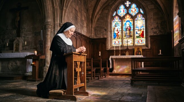 Senior woman nun kneeling and praying with rosary in old catholic church. Elderly sister in black habit at wooden prayer bench with stained glass window and