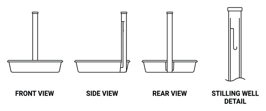 Stilling well assembly front side rear and detail line art vector.