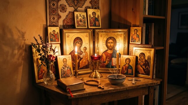 Home altar with orthodox icons of Jesus Christ and virgin Mary, burning candles, bible and rosary. Prayer corner in house. Religion, faith and worship concept. Christianity.