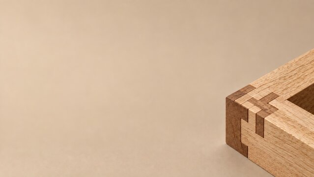 Interlocking White Oak Tusk Tenon Joinery Corner with Muted Beige Expansive Copy Space