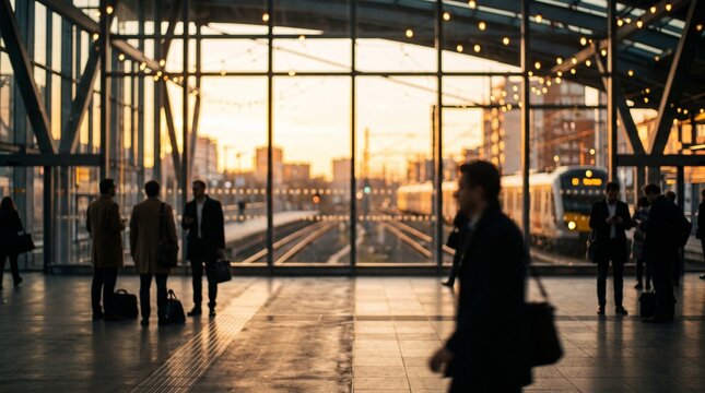 Cinematic out-of-focus photograph of business commuters waiting inside a contemporary train station at sunset e signs, no logos