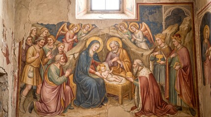 Fototapeta premium Medieval fresco of nativity scene with baby Jesus, Virgin Mary and Joseph in manger surrounded by angels, shepherds and three wise kings. Religious christian art in old