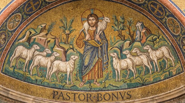 Ancient Byzantine mosaic of Jesus Christ as good shepherd carrying lamb on shoulders surrounded by flock of sheep. Religious art in old church apse with golden