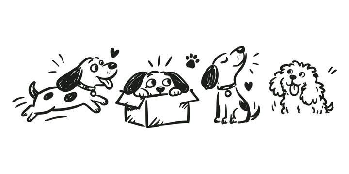 Cute playful cartoon dogs doodle set hand drawn puppy characters line art collection