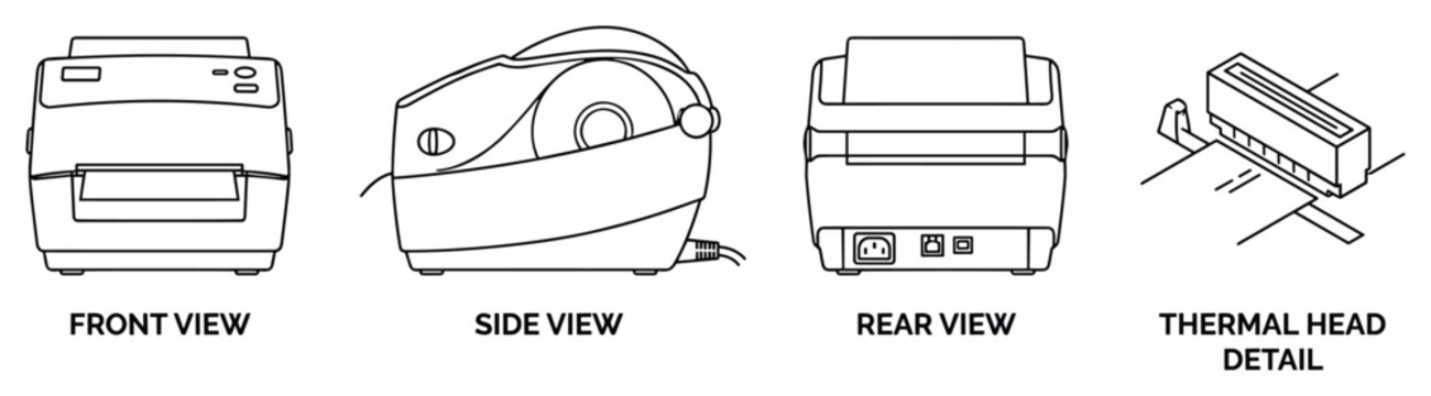 Thermal label printer front side rear and detail views for product packaging and shipping label creation.