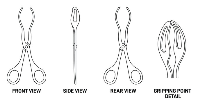 Tongs front side rear and gripping point detail line art.