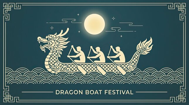 Paddlers racing in dragon boat under moonlight during festival with glides water paddlers night under full illustrated dragon illustration competition traditional celebration illuminated waves