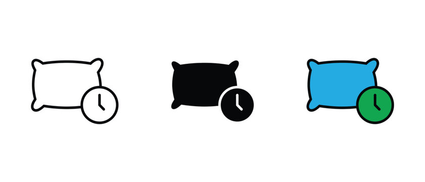 Sleep time pillow icon set. Rest duration symbol, bedtime sign, sleep schedule or night vector illustration.