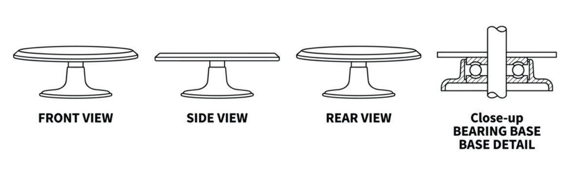 Turntable bearing base detail front side and rear views for cake display stand.
