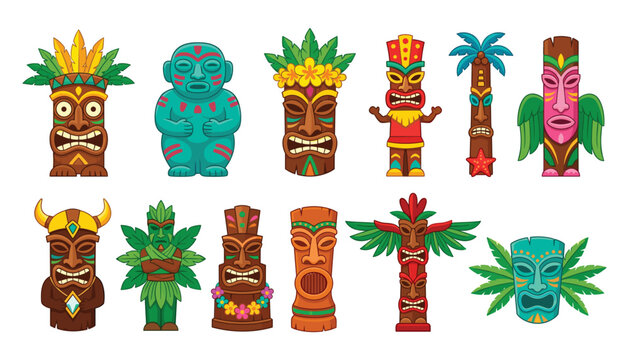 Tropical hawaiian tiki mask vector illustration set with tribal wooden totem statues and exotic polynesian party graphic design elements