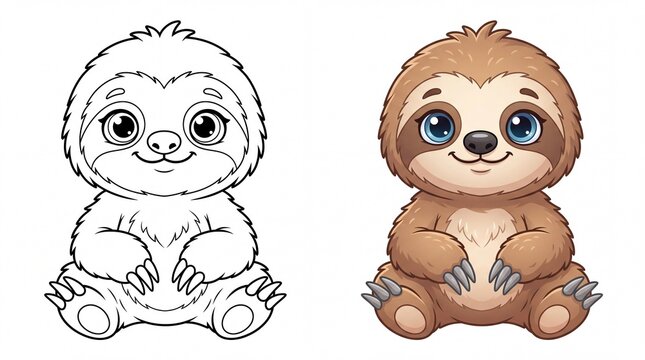 Adorable baby sloth sitting in both colored and black and white line art on white background