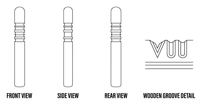 Wooden handle with grooves front side rear and detail views for grip and tool attachment.