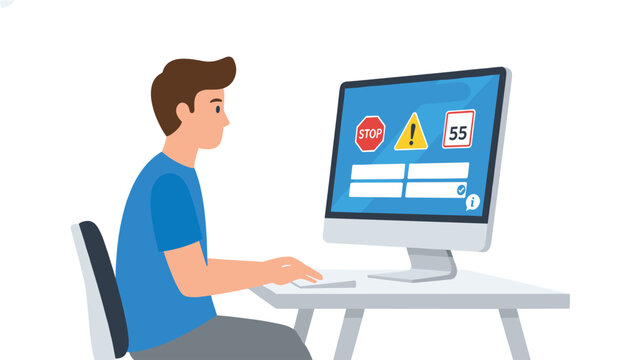 Student practicing for a driving license test on a computer monitor showing various traffic signs like stop and speed limits at a desk.
