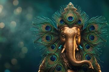 Obraz premium Ganesha Peacock Feather Crown - Jewel Tone Ganesh Chaturthi Elegance.
