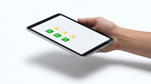 Hand Holding Tablet with Customer Review Rating and Check Marks