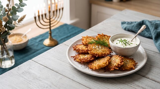 Potato latkes with sour cream and a Hanukkah menorah on a table