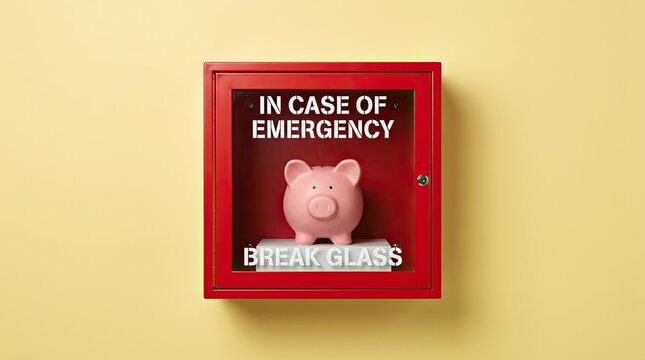 Emergency glass cabinet displaying piggy bank with break glass instruction with sits inside emergency cabinet labeled instructional illustration preparedness preparation transparent background