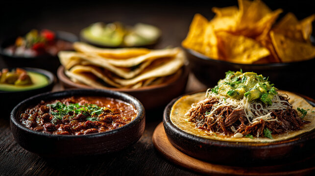 Mexican dinner spread with shredded beef taco nachos and chili con carne.