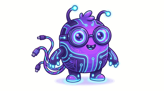 Adorable Cybernetic Alien Mascot With Glowing Circuitry and Digital Cables