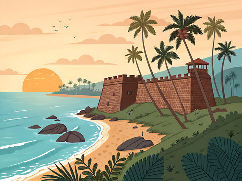 Bekal Fort in Kerala, massive seaside stone fortress, palm trees, blue ocean and sunset