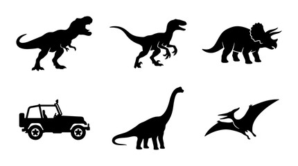 Dinosaur Icons Set, Prehistoric Vector Graphics, Jurassic Era Silhouettes, Jeep Vehicle © Radha
