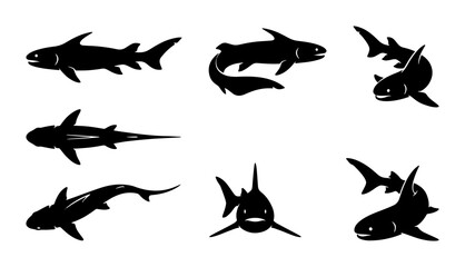 Fototapeta premium Shark Silhouettes Collection: Diverse Aquatic Predator Icons, Vector Set for Marine Design