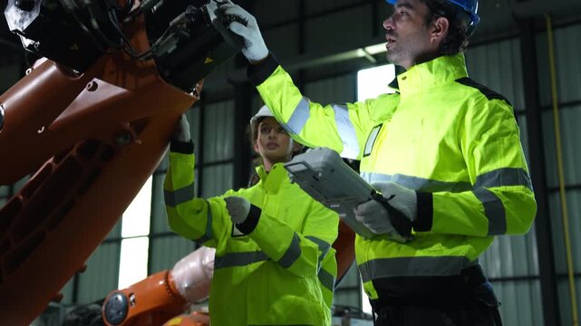 Industrial engineer inspecting a robotic arm machine in an automated manufacturing factory, robotics, automation, smart manufacturing, machine maintenance, quality control and Industry technology.
