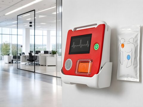 Automated External Defibrillator AED Device Mounted on Wall in Modern Office Building with Electrode Pads Package, Emergency Medical Equipment, 3D Render