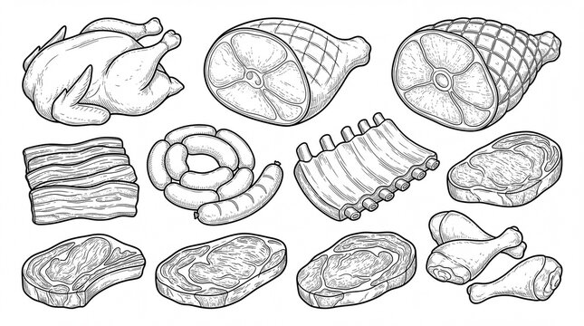 Detailed black and white hand drawn butcher shop meat products collection rendered on white background