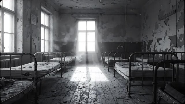 Abandoned Hospital Room with Rows of Beds Slowly Fading Into Light. Eerie, Desolate Interior with Sunbeams and Dust Motes.