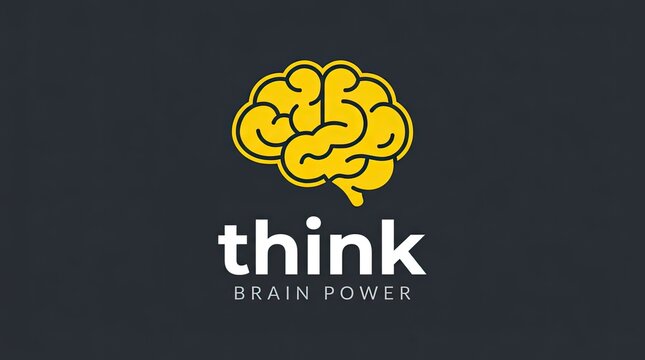Bright yellow brain graphic with think and brain power text on dark background with Brain illustration highlights thinking cognitive power concept minimalist design cognitivefunction thinkingprocess