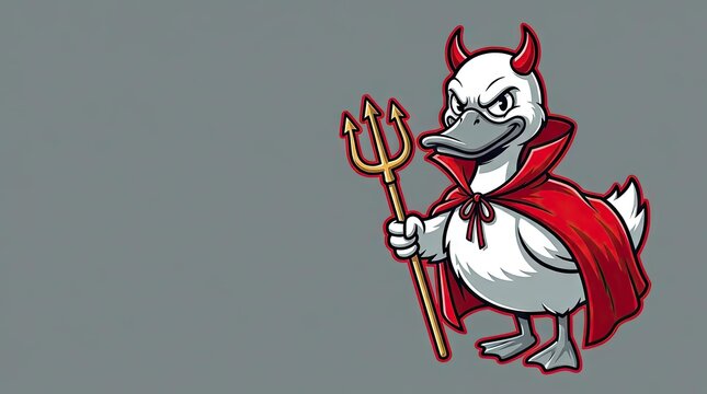 Devil duck character with horns holding red pitchfork.