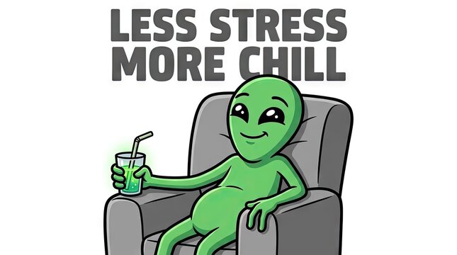 Green alien relaxing in chair with chilled beverage.