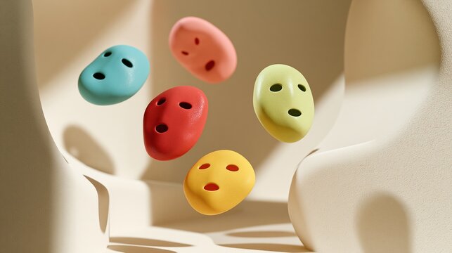 Colorful abstract emotion masks floating in sunlit pastel room with rounded architecture
