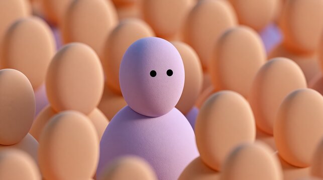 Single rounded human - like figure among featureless face - like forms